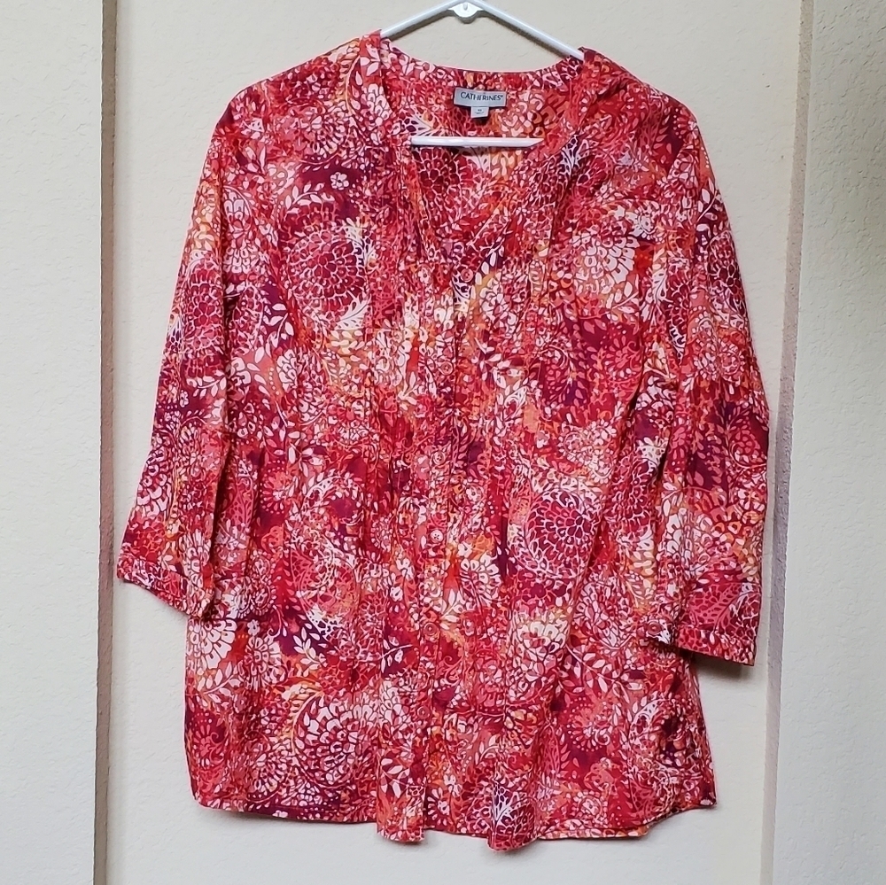 Catherines Floral Multicolor Tunic Pleated Button Top Half Sleeve V-Neck Size 0X